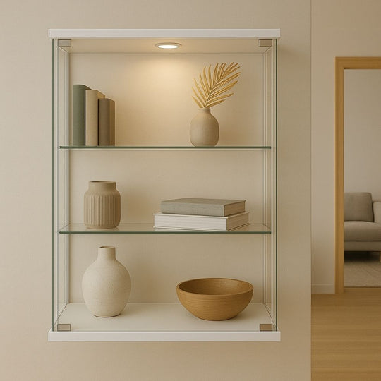 White Wall Mounted Double Door Display Cabinet with 2 Adjustable Shelves and LED Spotlight - 600mm Wide
