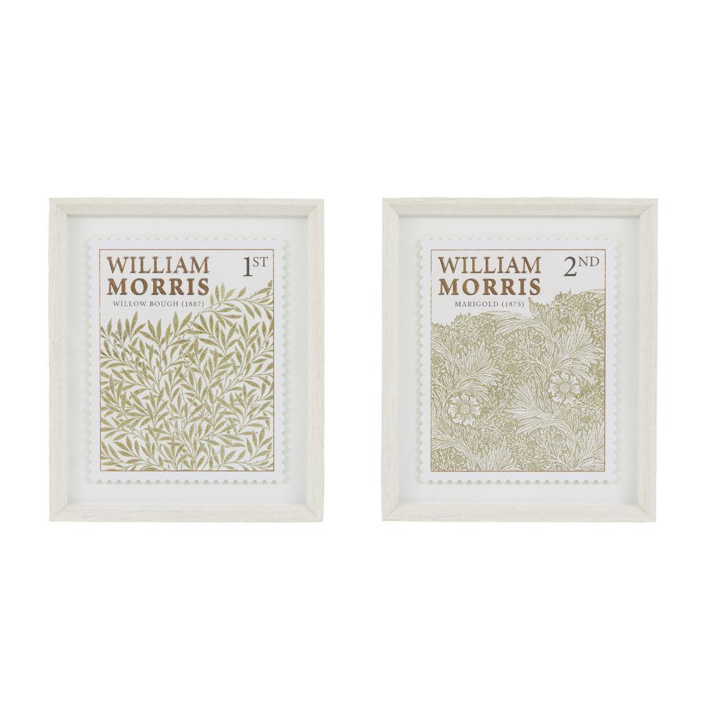 Set of William Morris inspired framed wall prints designed like vintage postage stamps featuring Willow Bough and Marigold floral patterns.
