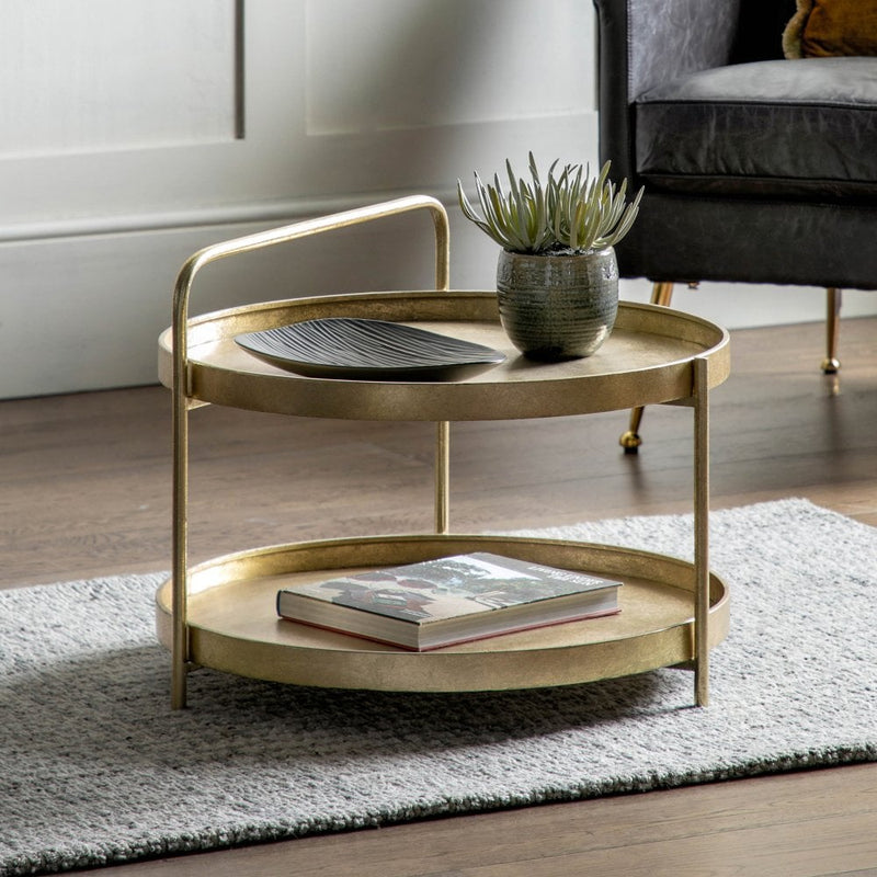2 Tier Round Iron Coffee Table with Handle - Gold