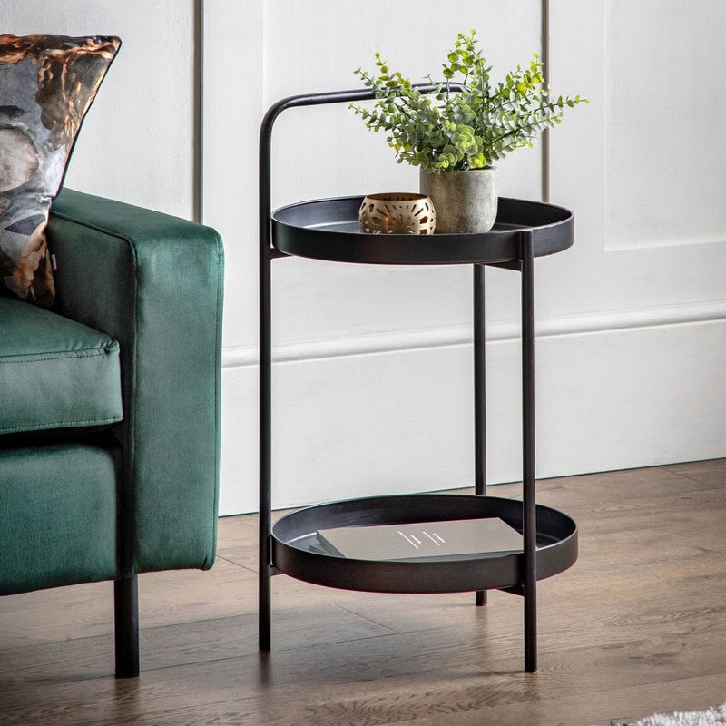 2 Tier Round Iron Side Table with Handle - Black
