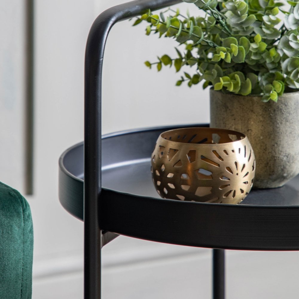2 Tier Round Iron Side Table with Handle - Black