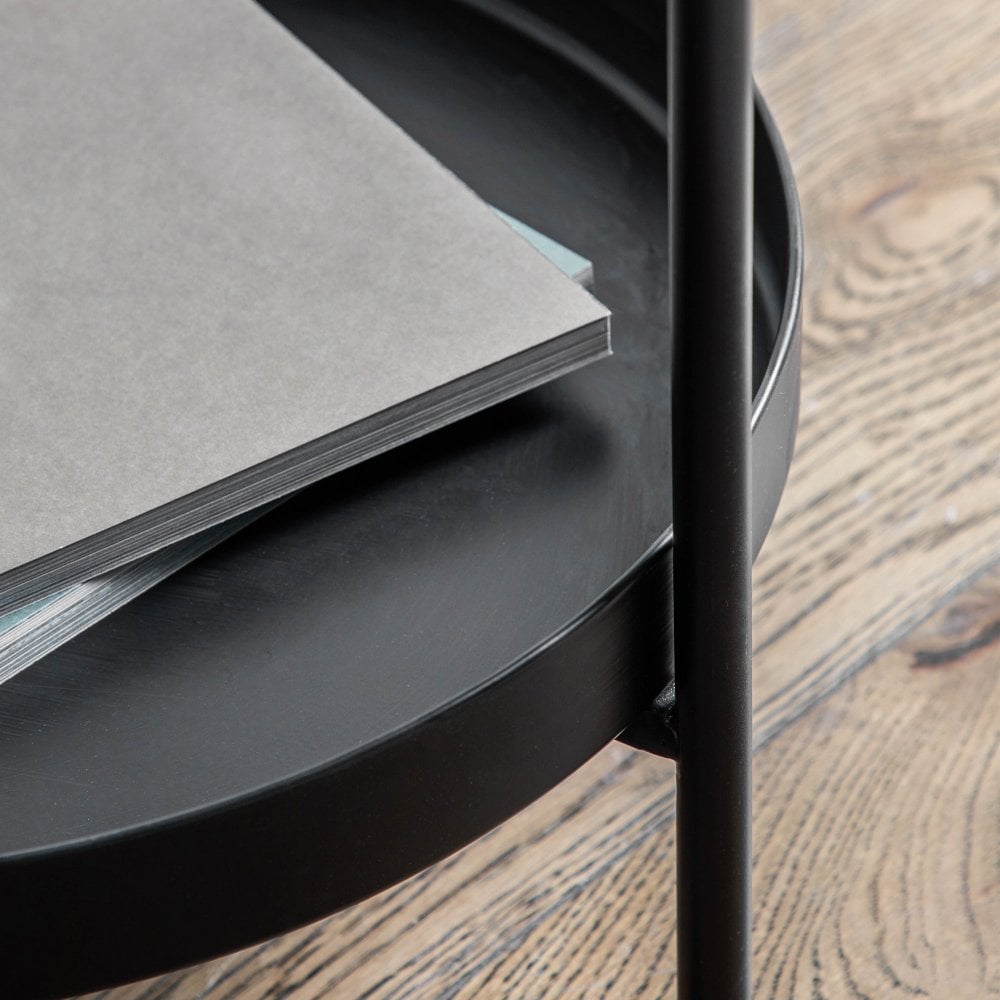 2 Tier Round Iron Side Table with Handle - Black