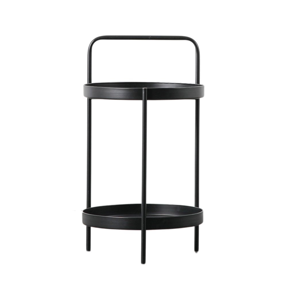 2 Tier Round Iron Side Table with Handle - Black