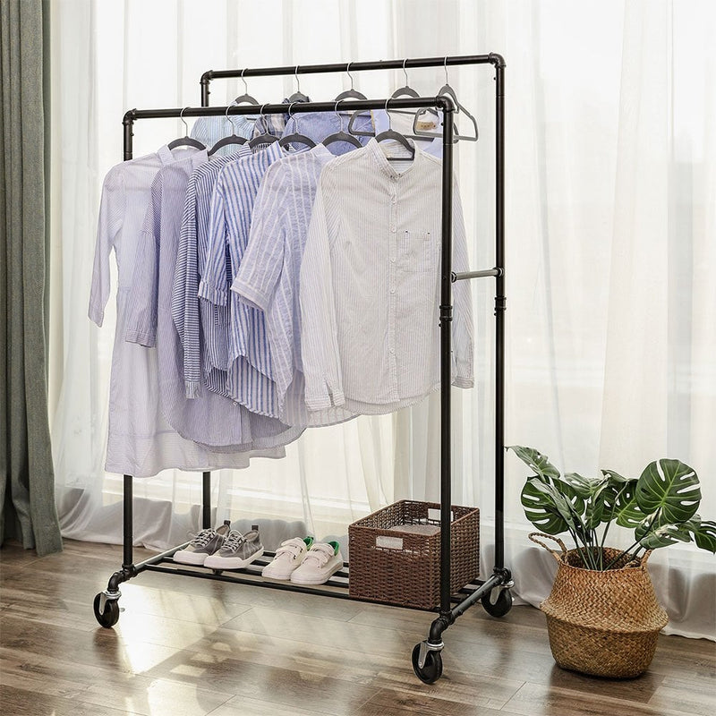 Black Industrial Double Clothes Rail with Bottom Shelf