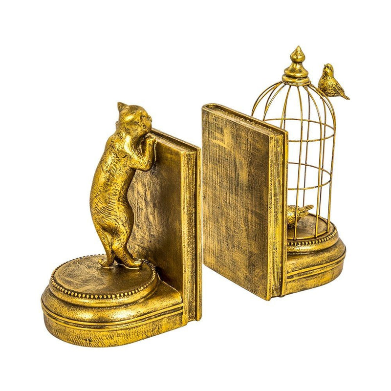 Cat and Bird Bookends - Gold