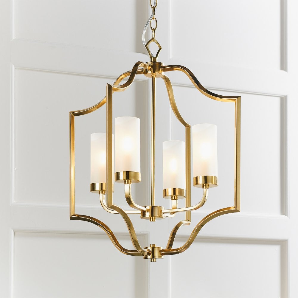 A beautifully crafted brass chandelier with frosted glass shades, offering a timeless elegance and warm ambient lighting for any space.

