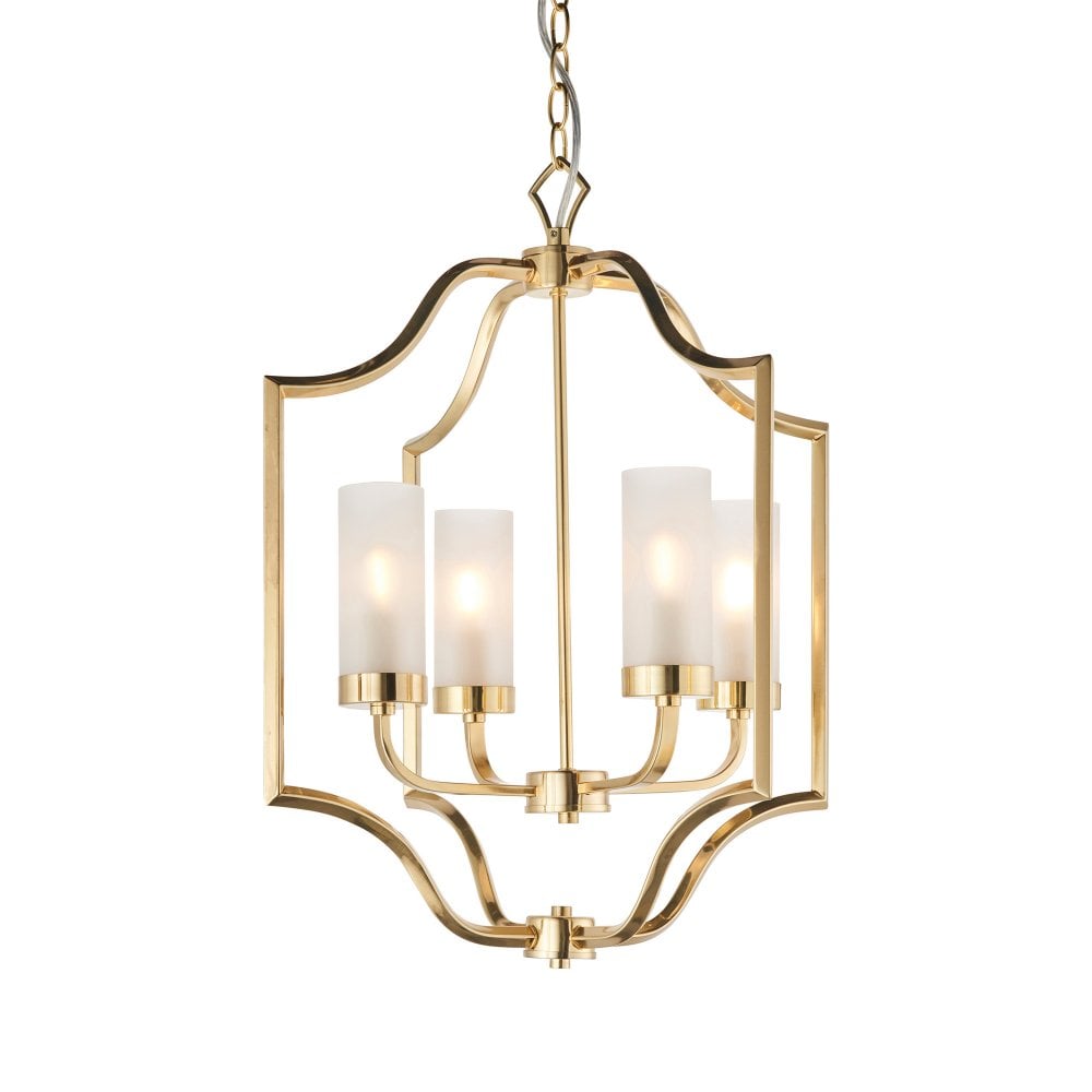 Classic brass chandelier featuring frosted glass shades, designed to bring a touch of sophistication and soft, diffused illumination to your home.
