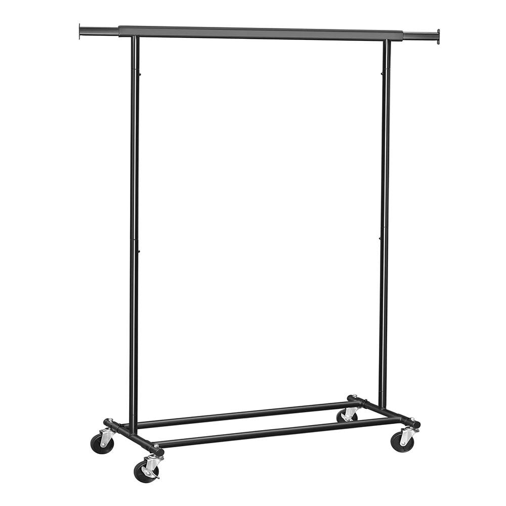 Expandable black metal garment rack featuring a sturdy storage shelf for extra space.
