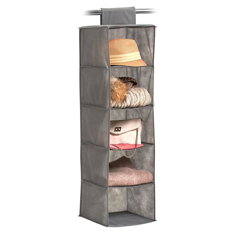Grey Hanging Clothes Storage Unit with 5 Compartments