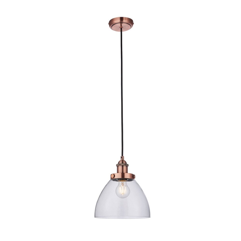Contemporary copper industrial pendant light with a glass shade, ideal for modern and vintage-inspired interiors.
