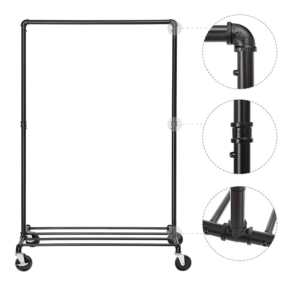 Robust industrial-grade black pipe clothes rail with lockable wheels, ideal for home or retail use.
