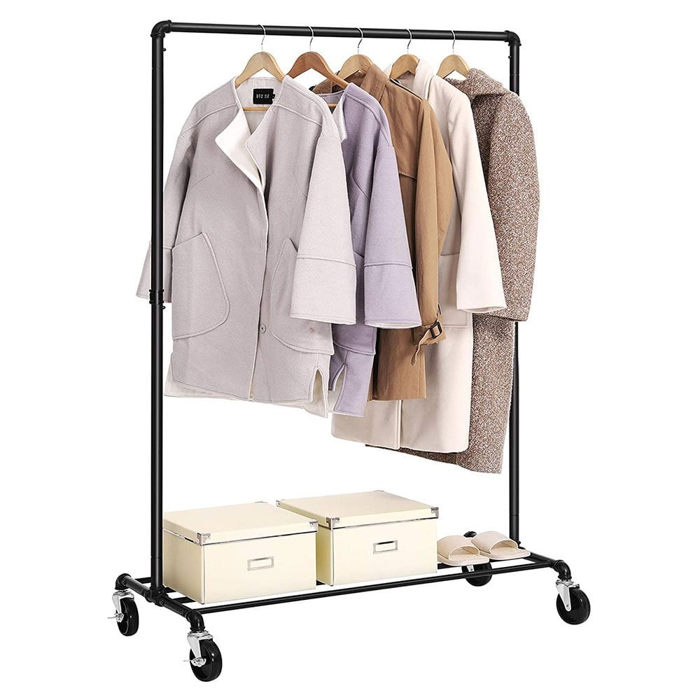 Sturdy black industrial-style pipe clothing rack with wheels, perfect for organising and displaying garments.
