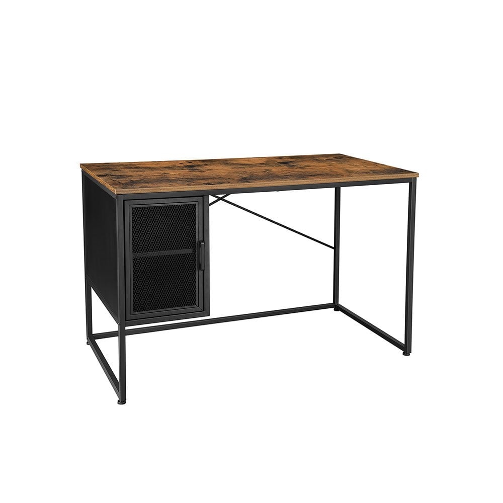 Functional and modern industrial desk in rustic brown, featuring a spacious work surface and a convenient storage cabinet.
