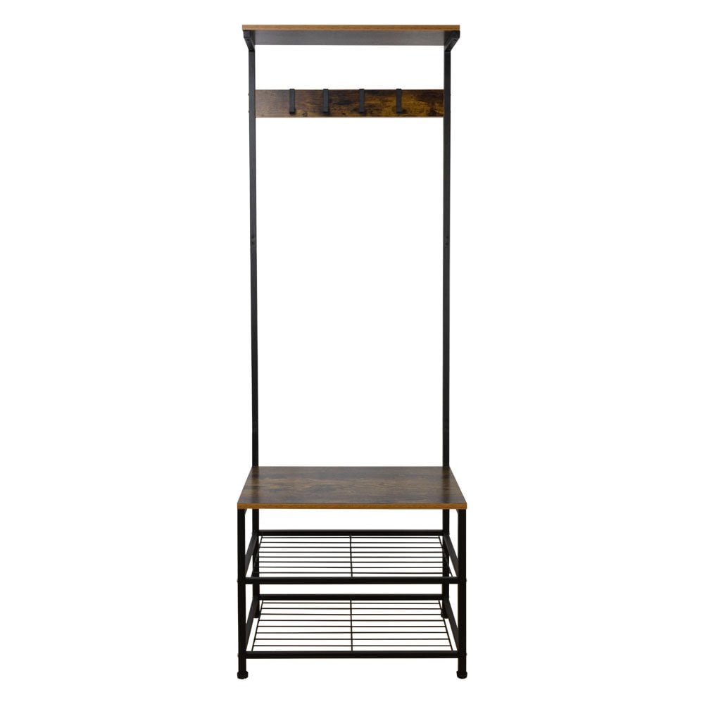 Sturdy industrial-style hall tree featuring a coat rack and shoe rack, ideal for compact spaces.
