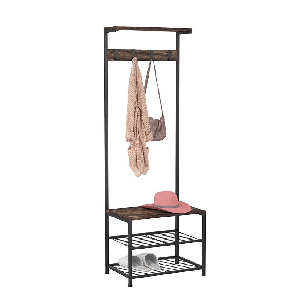 Multi-functional industrial coat rack with a built-in shoe storage shelf, perfect for organising entryways.
