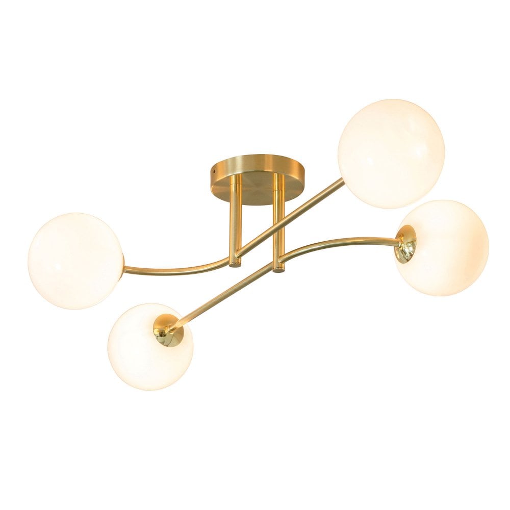 Sleek brass and opal semi-flush ceiling light, designed with mid-century charm for a timeless lighting statement.
