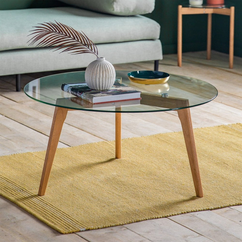 Natural Oak Coffee Table with Tempered Glass Top