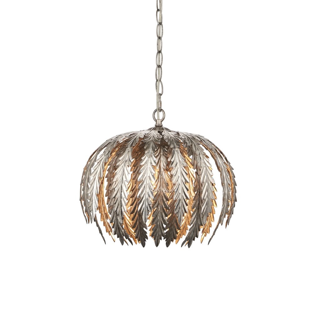 Stunning silver leaf pendant light with intricate detailing, designed to create a refined and opulent ambiance.
