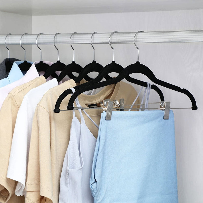 30 X Non-Slip Black Velvet Trouser Hangers with Adjustable Clips
