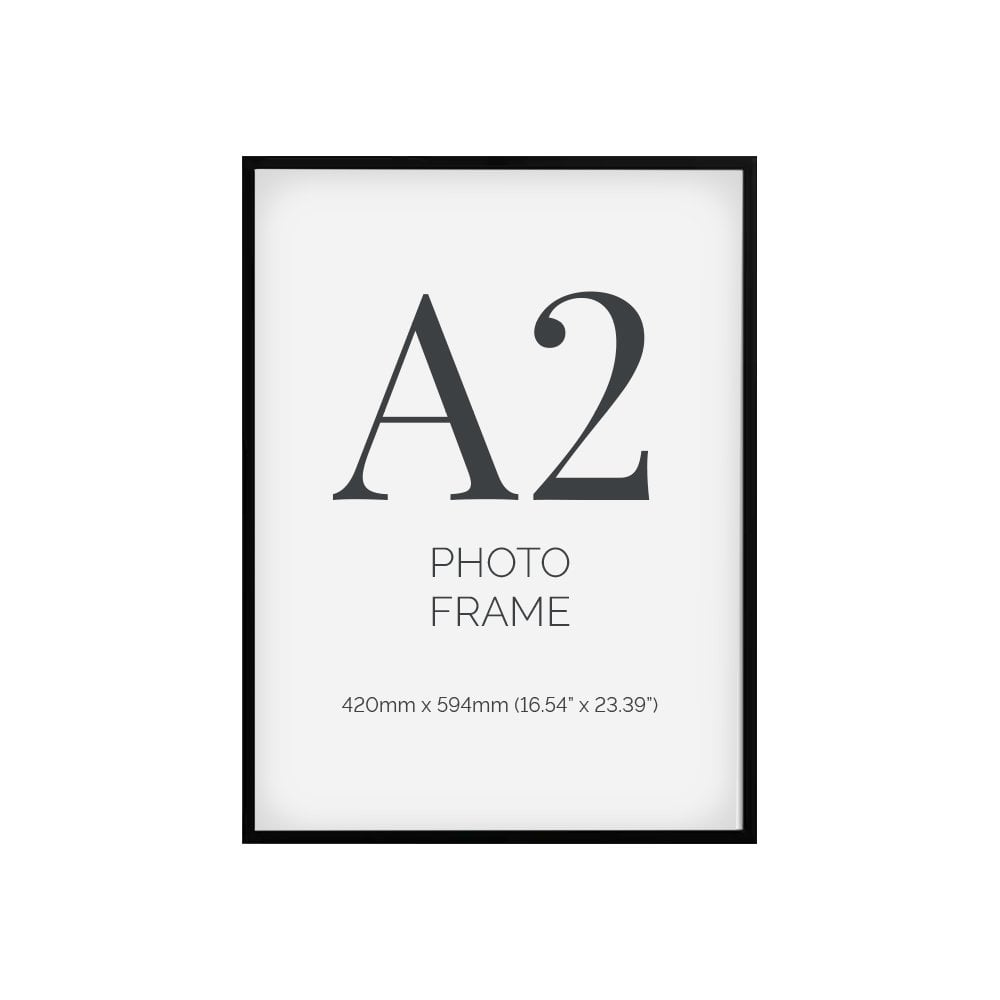 Pack of eight modern A2 black picture frames, ideal for creating a coordinated gallery wall or professional presentation.
