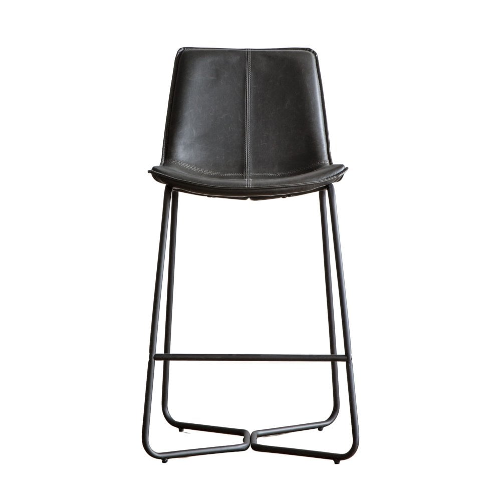 Stylish pair of charcoal faux leather industrial bar stools, perfect for adding a modern touch to any kitchen or bar area.
