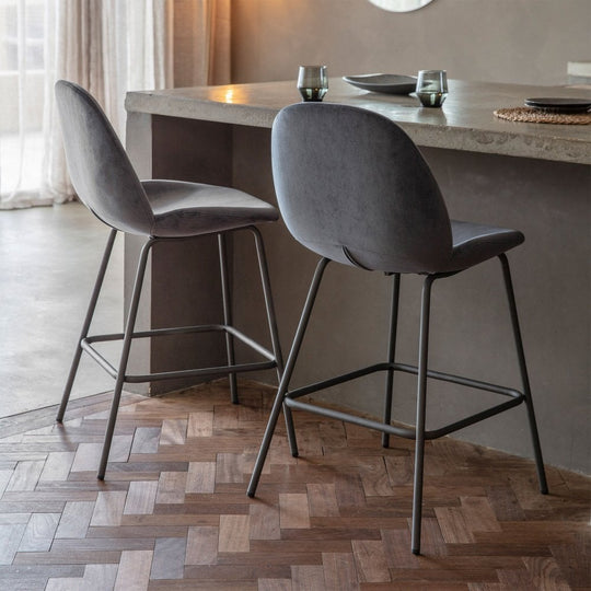 Pair of Contemporary Dark Grey Velvet Bar Stools