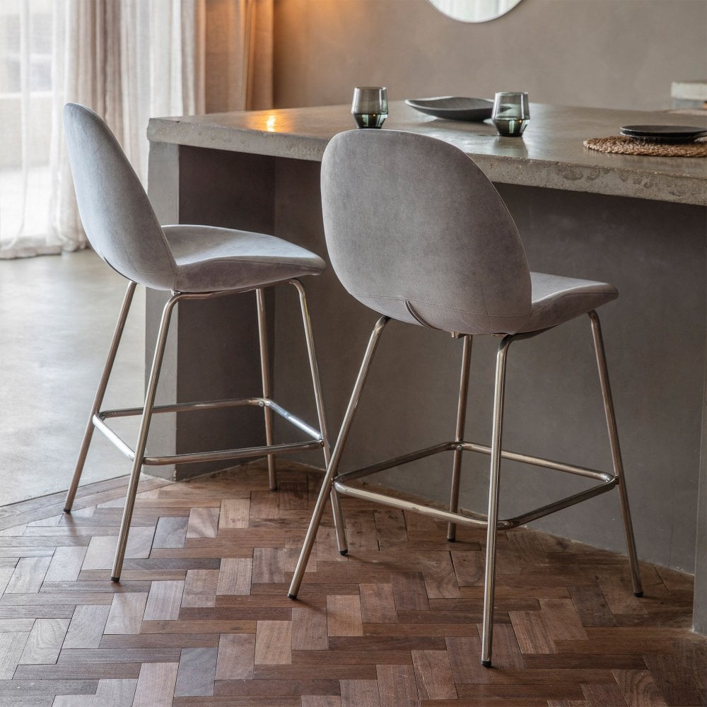 Pair of Contemporary Light Grey Velvet Bar Stools