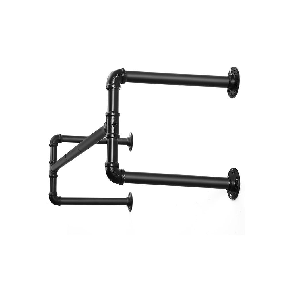 Sturdy pair of wall-mounted industrial-style pipe clothing rails, perfect for organising and displaying garments.
