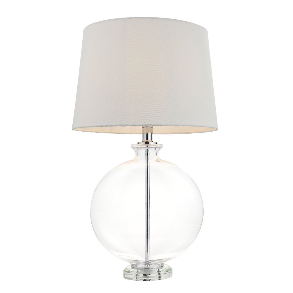 Stylish glass table lamp with a classic design and a crisp white linen shade for a refined touch.
