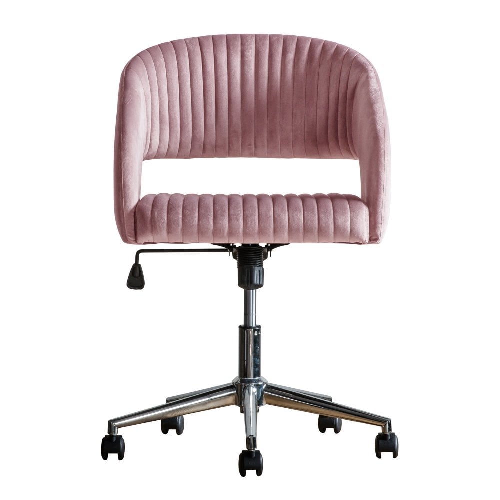 Luxurious pink velvet home office chair featuring a ribbed ergonomic design, height adjustability, and a sturdy gold base for a touch of sophistication.
