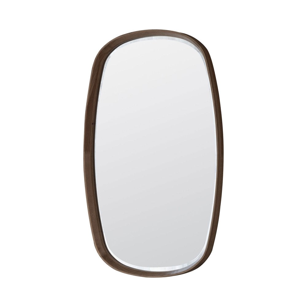 Stylish oval wall mirror with a rich walnut wooden frame, ideal for both classic and modern interiors.
