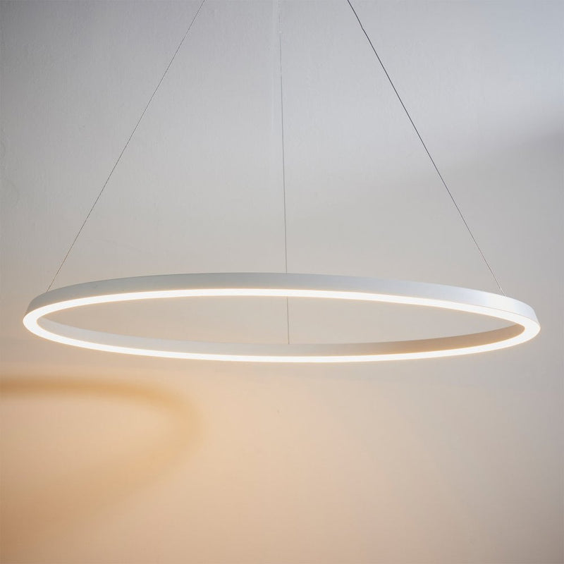 A sleek and modern circular pendant light in white, crafted from aluminium, alloy, and acrylic, offering a stylish touch to any interior space. Adjustable cable length ensures easy installation.
