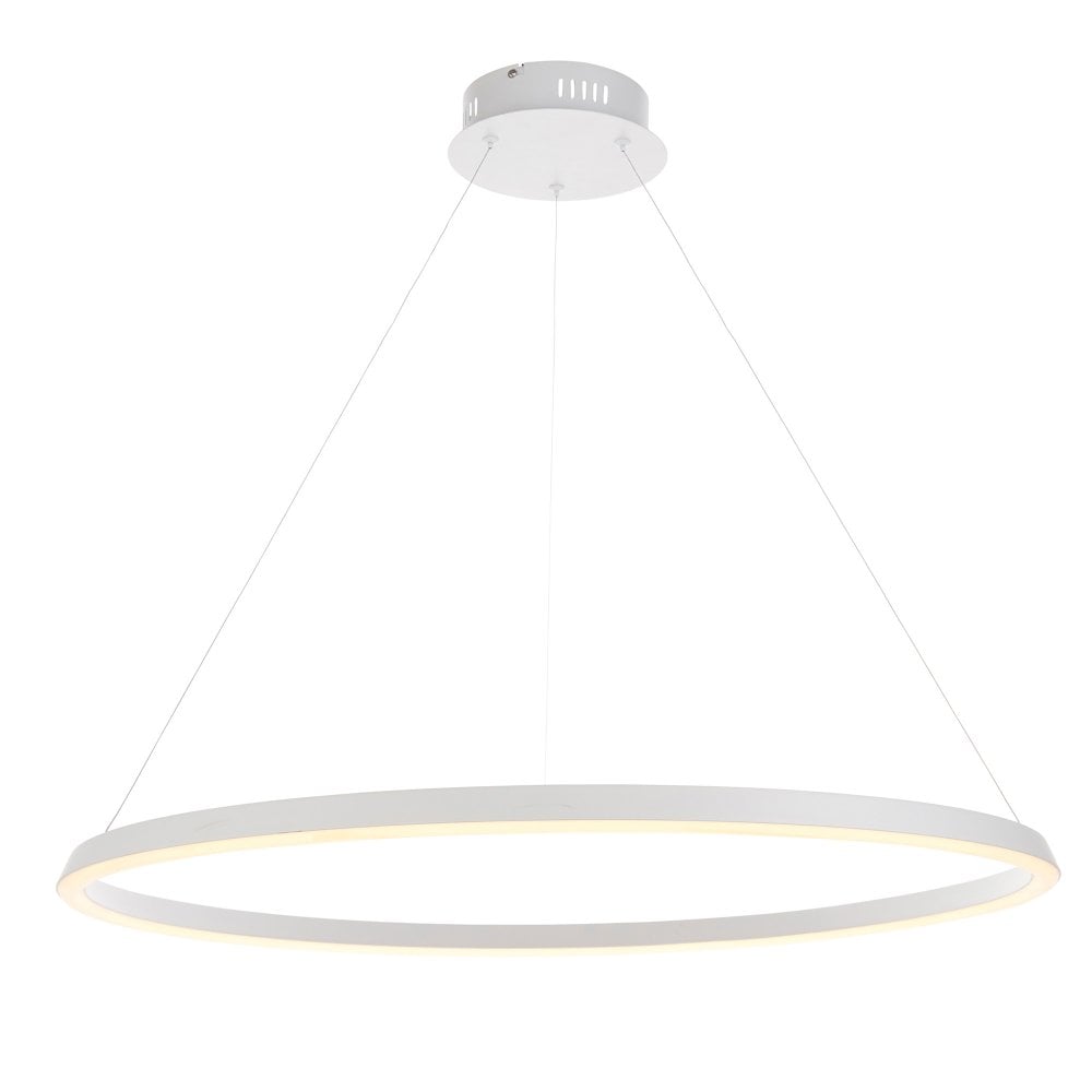Contemporary white circular pendant light designed with high-quality aluminium, alloy, and acrylic materials, perfect for enhancing the elegance of any room. Adjustable height for versatile placement.
